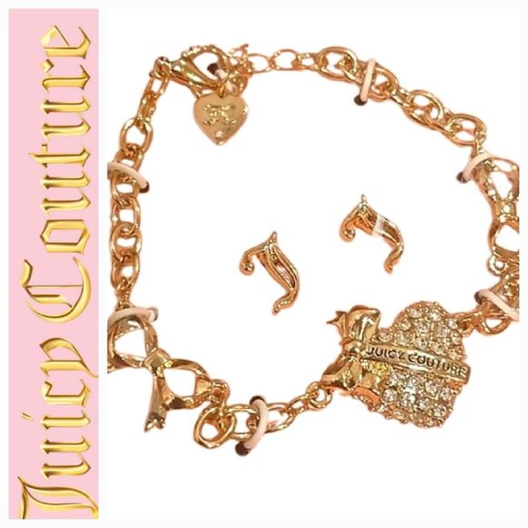Juicy Couture Rhinestone Heart Bracelet Chain Bracelet & J Logo Earrings - Picture 1 of 7